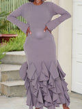 Momyknows Grey Cascading Ruffle Baby Shower Long Sleeve Bodycon Maternity Maxi Dress