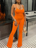 Momyknows Orange Spaghetti Strap Sleeveless Bodysuit Summer Maternity Flare Leg Long Jumpsuit