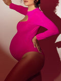 Momyknows Rose Carmine Cut Out Rib Fabric Girl Baby Shower Maternity Bodysuit