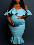 Momyknows Ruffle Off Shoulder Backless Bandeau Mermaid Bodycon Photoshoot Baby Shower Pregnant Maternity Midi Dress