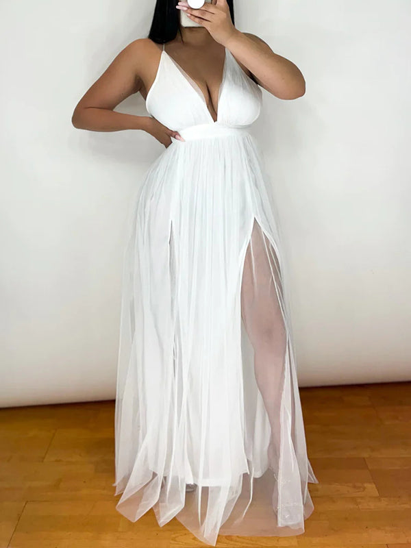 Momyknows White Tulle Off Shoulder Grenadine Side Slit Backless V-Neck Cute Gown Flowy Maxi Dress