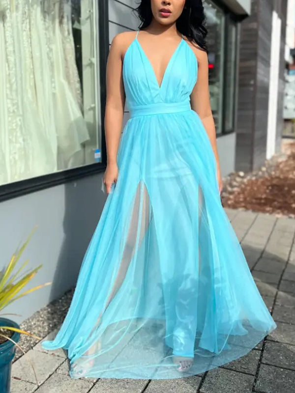 Momyknows Blue Tulle Spaghetti Strap Backless Grenadine Side Slit V-Neck Cami Prom Cocktail Maxi Dress