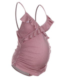 Momyknows Pink Striped Print Ruffle Adjustable-straps Off-Shoulder V-neck Sweet Beach One Piece Bikini Maternity Swimwear
