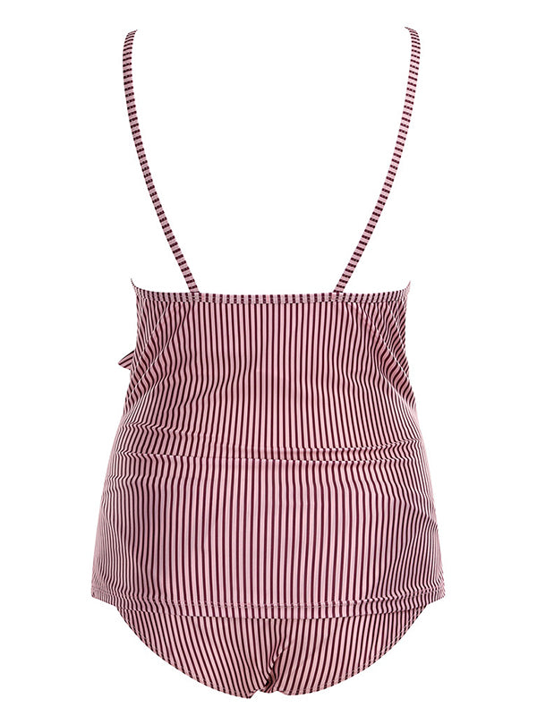 Momyknows Pink Striped Print Ruffle Adjustable-straps Off-Shoulder V-neck Sweet Beach One Piece Bikini Maternity Swimwear
