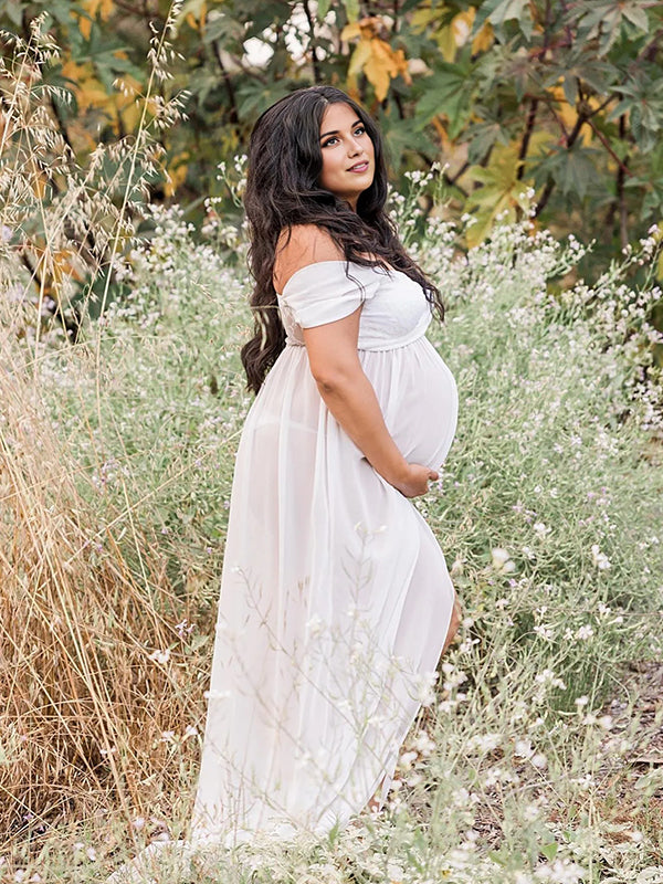 Momyknows White Off-shoulder Grenadine Cross Chest Maternity Photoshoot Maxi Dress