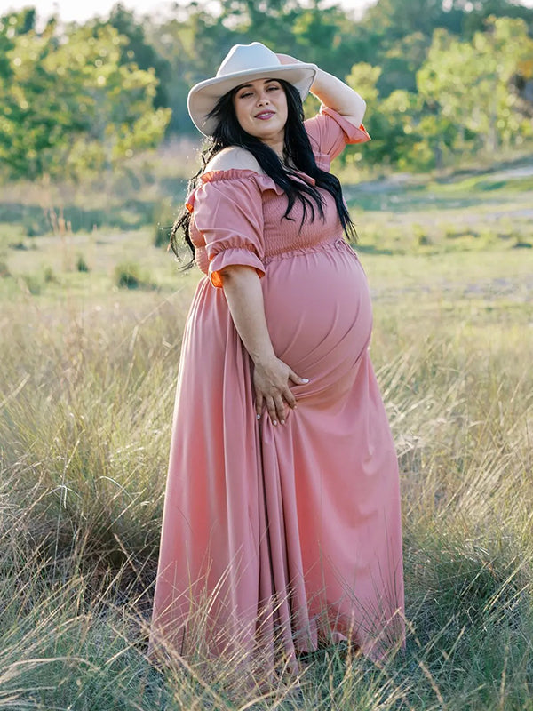 Momyknows Pink Boho Flowy Bump Friendly Off Shoulder Photoshoots Maxi Dress