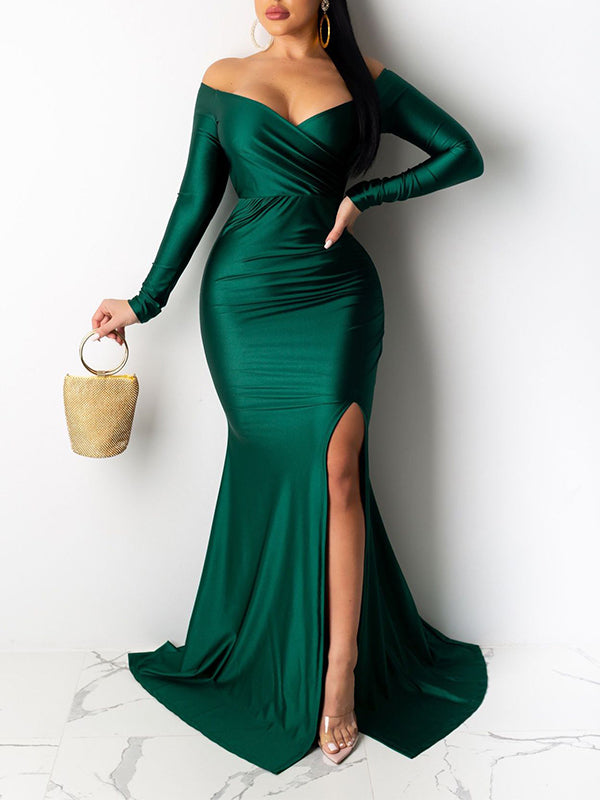 Momyknows Green Off Shoulder Long Sleeve High Split Bodycon Solid Evening Gown Maxi Dress