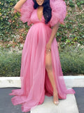 Momyknows Pink Tulle Ruffle Swing V-neck Slit Photoshoot Plus Size Gown Maternity Maxi Dress