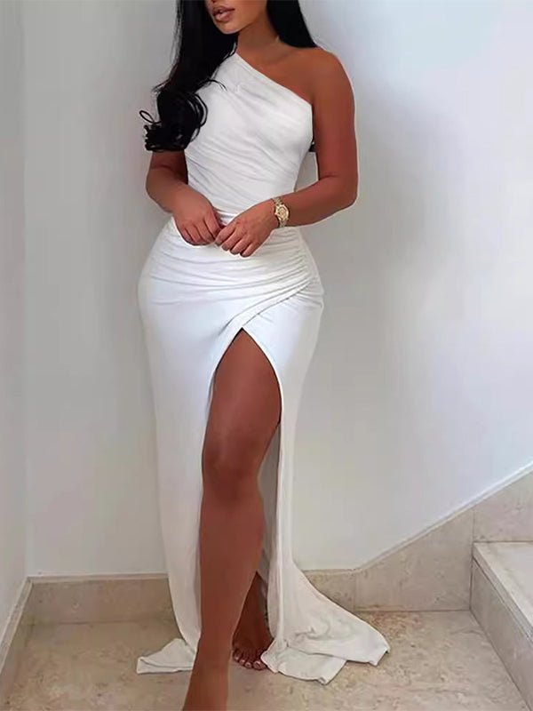 Momyknows White Irregular Ruffle Off Shoulder Side Slit Elegant Bodycon Party Maxi Dress