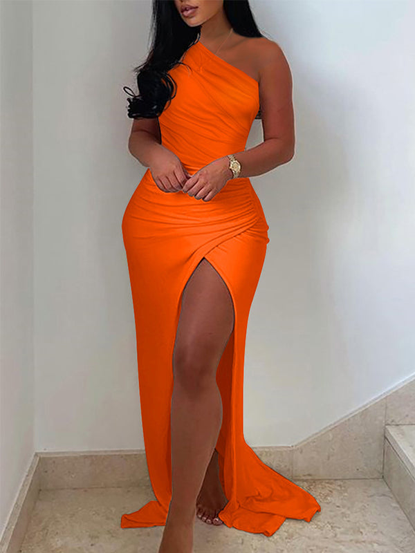 Momyknows Orange Off Shoulder Ruffle Irregular Side Slit Party Gown Elegant Maxi Dress