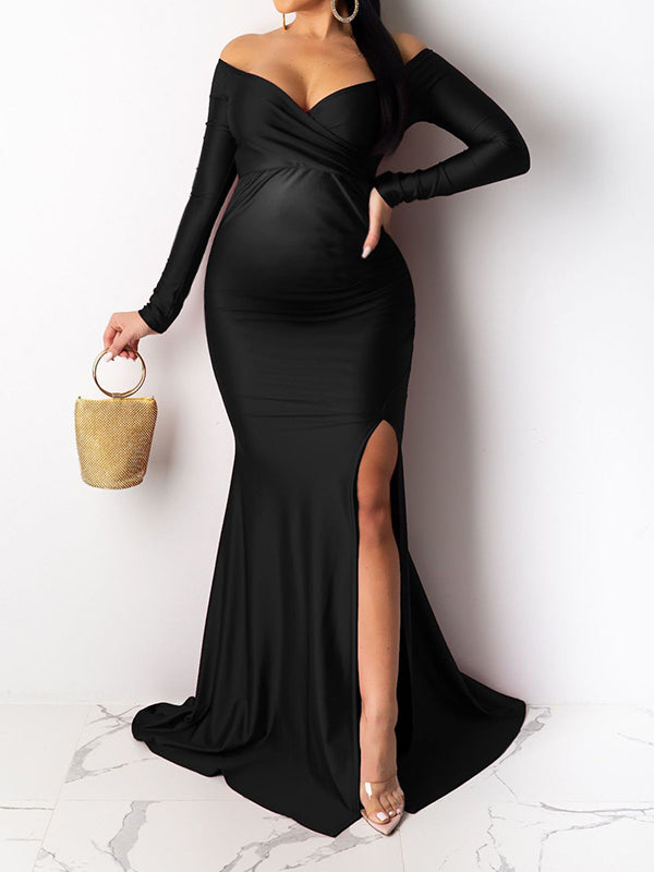 Momyknows Black Off Shoulder Long Sleeve V-Neck Slit Bodycon Evening Gown Plus Size Elegant Baby Shower Maternity Maxi Dress