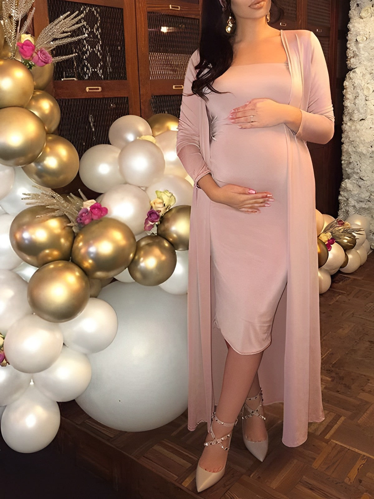 Momyknows Pink Bright Wire Long Sleeve 2-in-1 Glitter Bodycon Party Cute Baby Shower Plus Size Cardigan Set Maternity Midi Dress