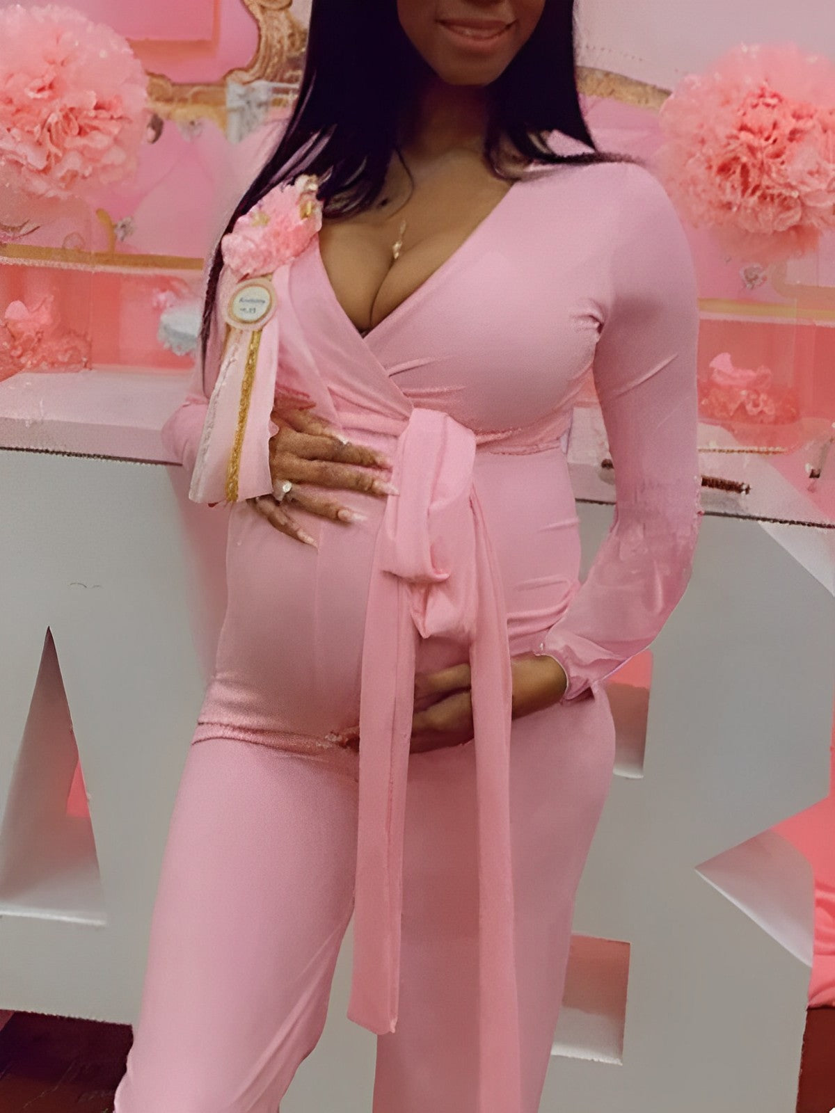 Momyknows Solid Color Sashes High Waist V-Neck Long Sleeve Baby Shower Plus Size Maternity Jumpsuit