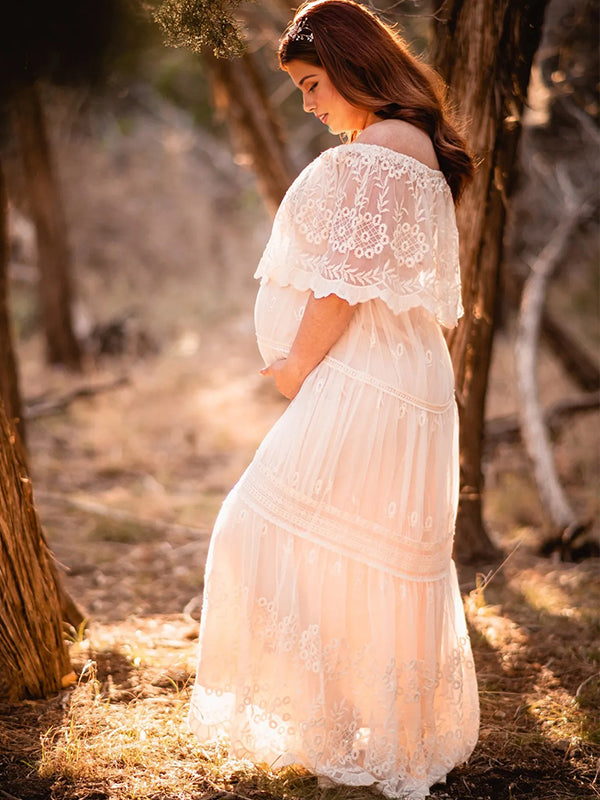 Momyknows White Off Shoulder Lace Elegant Maternity Photoshoot Maxi Dress