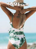 Momyknows Green Leaves Condole Belt Ruffle Cross Chest Backless Adjustable-straps V-neck Fashion Beach One Piece Maternity Swimwear