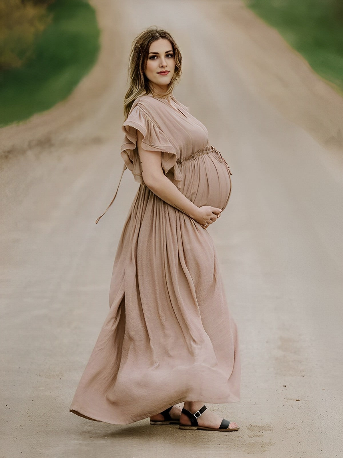 Momyknows Khaki Bohemian Drawstring Single Breasted Maternity Photoshoot Baby Shower Maxi Dress