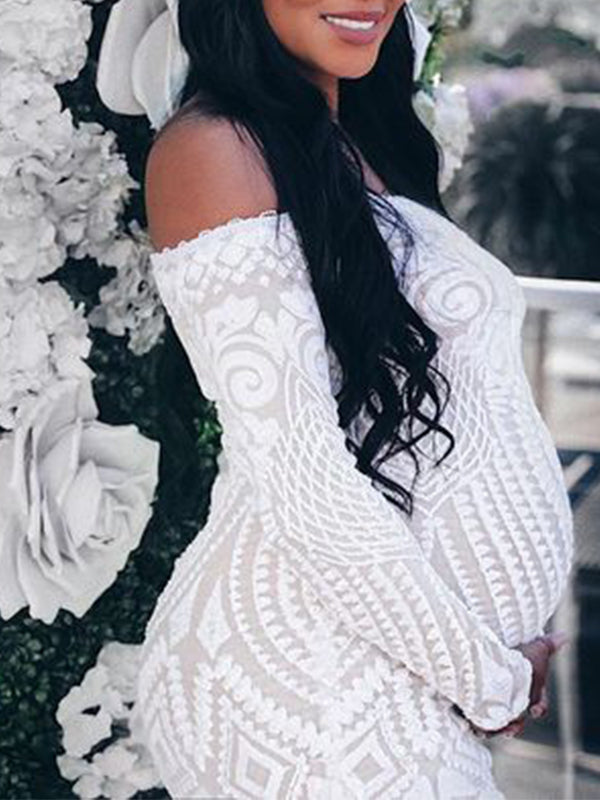 Momyknows White Lace Off Shoulder Mermaid Bodycon Wedding Gown Baby Shower Elegant Foamal Maternity Photoshoot Maxi Dress White / M Momyknows White Lace Off Shoulder Mermaid Bodycon Wedding Gown Baby Shower Elegant Foamal Maternity Photoshoot Maxi Dress White / M