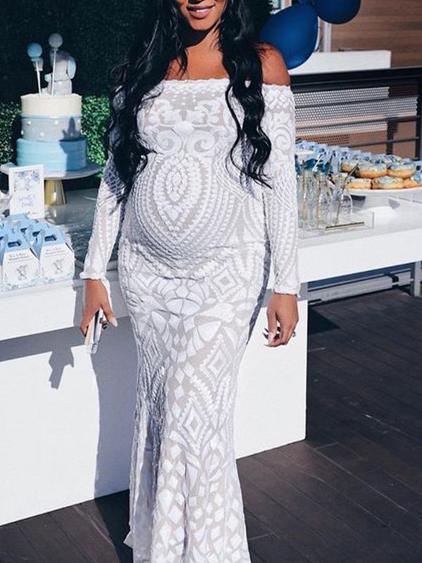 Momyknows White Lace Off Shoulder Mermaid Bodycon Wedding Gown Baby Shower Elegant Foamal Maternity Photoshoot Maxi Dress White / S Momyknows White Lace Off Shoulder Mermaid Bodycon Wedding Gown Baby Shower Elegant Foamal Maternity Photoshoot Maxi Dress White / S