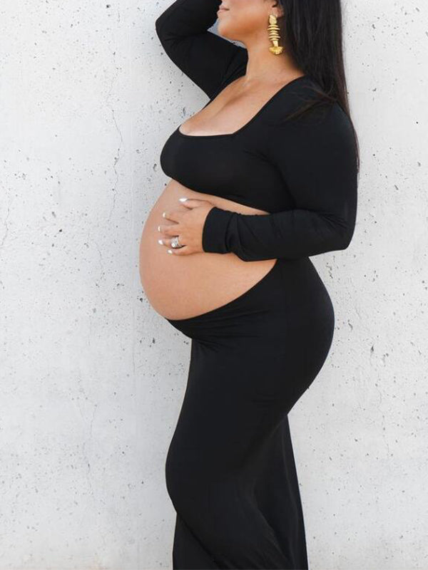 Momyknows Cut Out Bandeau Trumpet Crop Long Sleeve Bodycon Photoshoot Maternity Maxi Dress Black / L Momyknows Cut Out Bandeau Trumpet Crop Long Sleeve Bodycon Photoshoot Maternity Maxi Dress Black / L