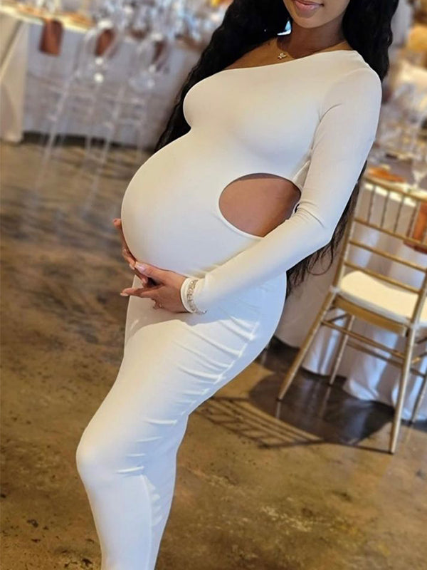 Momyknows One Shoulder Cut Out Irregular Bodycon Long Sleeve Fashion Baby Shower Maternity Maxi Dress