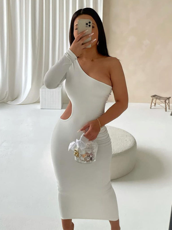 Momyknows One Shoulder Cut Out Irregular Bodycon Long Sleeve Fashion Maxi Dress