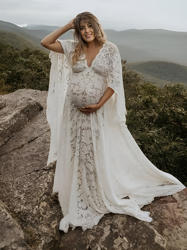Momyknows Floral Lace Backless Boho Baby Shower Flare Sleeve Pregnant Maternity Photoshoot Maxi Dress