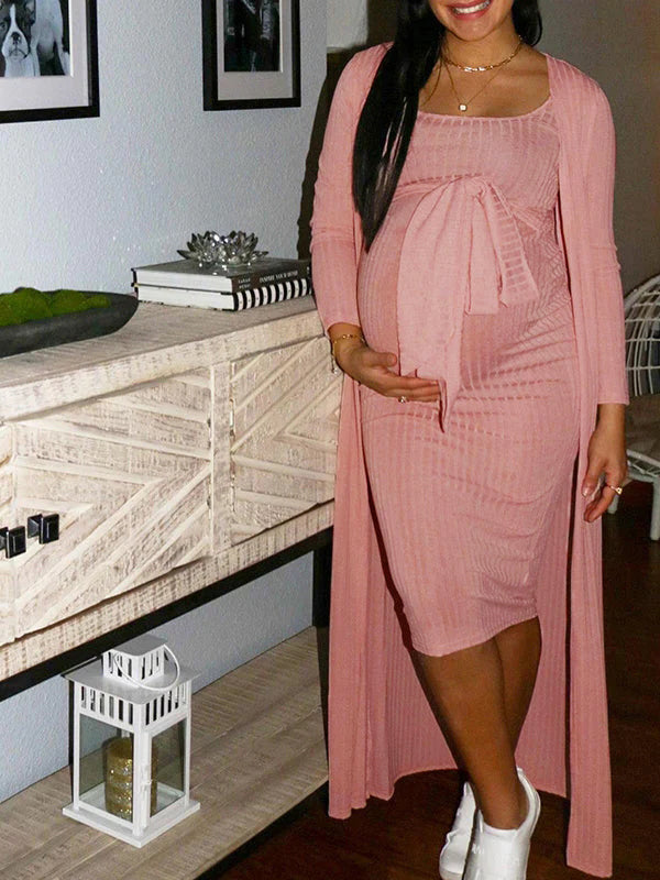 Momyknows Pink Sweater Off Shoulder Sashes Cardigans Bodycon 2-in-1 Baby Shower Maternity Midi Dress