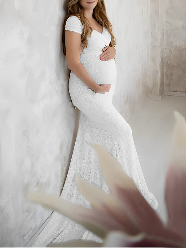 Momyknows Floral Lace Off Shoulder Mermaid PhotoShoot Baby Shower Pregnant Maternity Maxi Dress