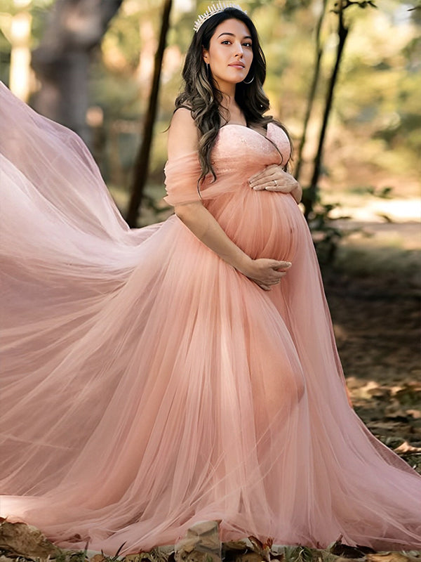 Momyknows Grenadine Tulle Lace Off Shoulder Baby Shower Photoshoot Pregnant Maternity Maxi Dress