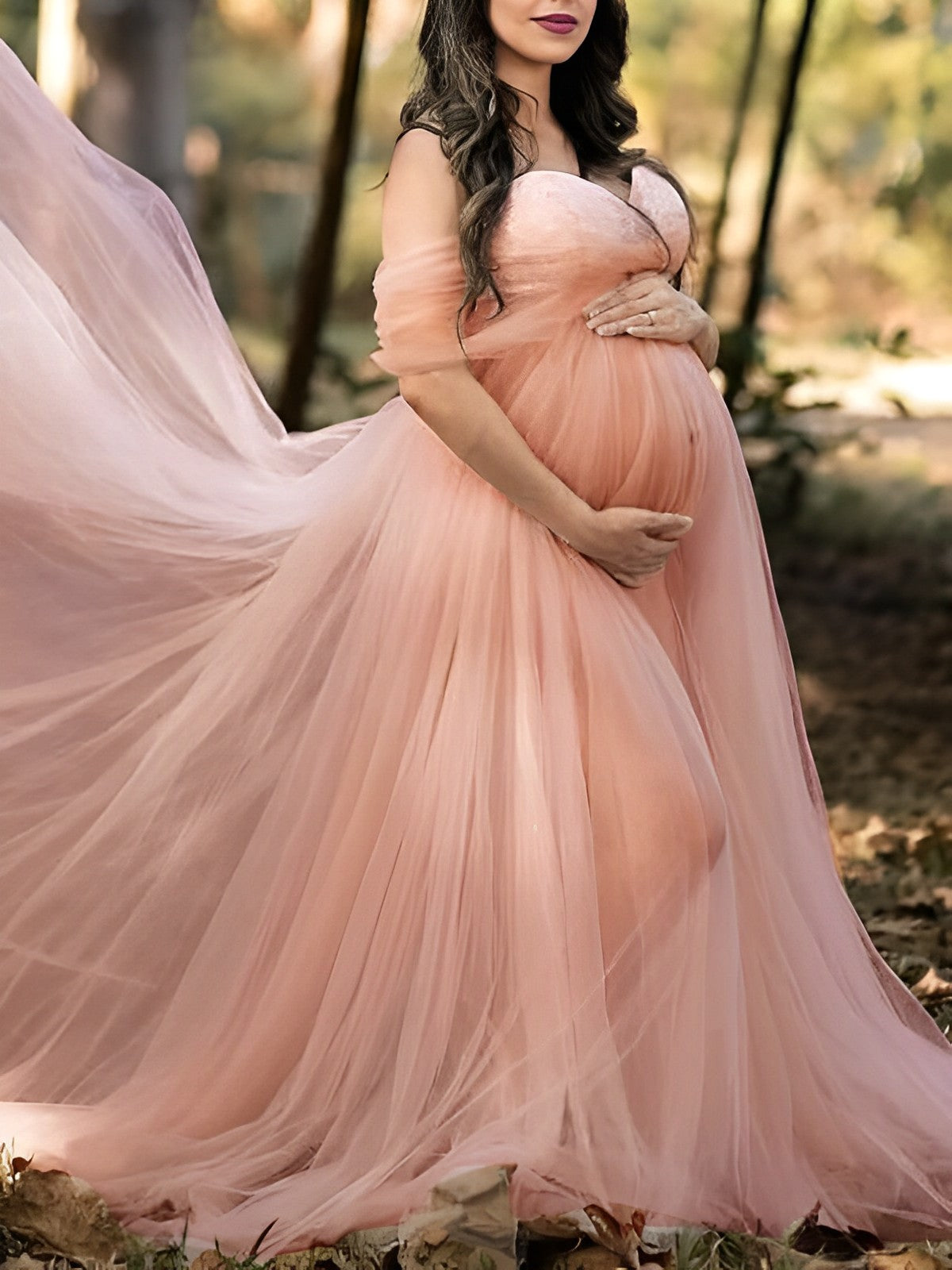 Momyknows Grenadine Tulle Lace Off Shoulder Baby Shower Photoshoot