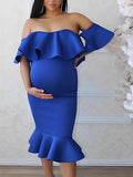 Momyknows Ruffle Off Shoulder Backless Bandeau Mermaid Bodycon Photoshoot Baby Shower Pregnant Maternity Midi Dress