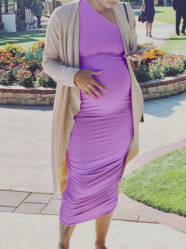 purple baby shower dress Momyknows Lavender One Shoulder Ruched Shirred Bodycon Baby Shower Maternity Midi Dress Light Purple / S