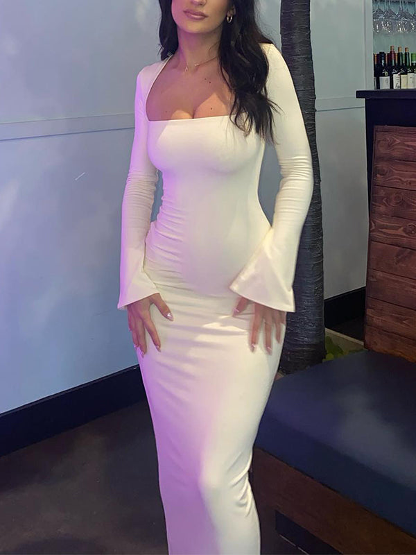 Momyknows Elegant Long Sleeve White Split Sleeve U-Neck Bodycon Maxi Dress