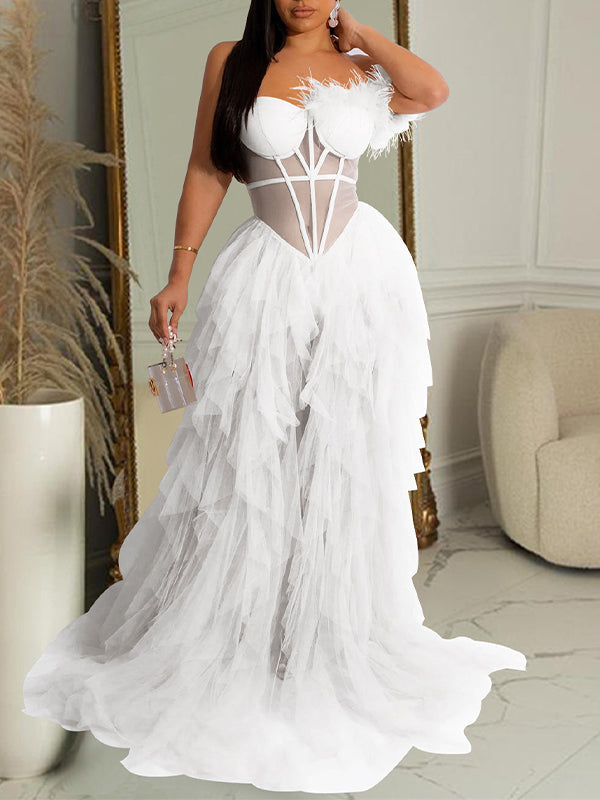 maternity strapless shoulder photoshoot dress Momyknows Bandeau Off Shoulder Feather Tulle Tutu Grenadine Photoshoot Maternity Maxi Dress Light Pink / L