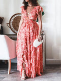 Momyknows Elegant Pink Floral Side Slit Falbala Cutout Bare Waist Tie Back Backless Holiday Beach Maternity Maxi Dress