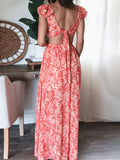 Momyknows Elegant Pink Floral Side Slit Falbala Cutout Bare Waist Tie Back Backless Holiday Beach Maternity Maxi Dress