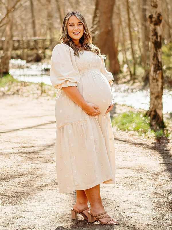 Momyknows Apricot Daisy Print Smocked Off Shoulder Maternity Photoshoot Maxi Dress