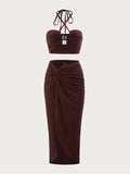 Momyknows Elegant 2-in-1 Side Slit Irregular Knot Bare Waist Cutout Halter Neck Vacation Babyshower Maternity Maxi Dress