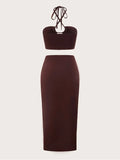 Momyknows Elegant 2-in-1 Side Slit Irregular Knot Bare Waist Cutout Halter Neck Vacation Babyshower Maternity Maxi Dress