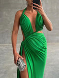 Momyknows Elegant Green Thigh High Side Slits,Backless Drawstring Cutout Floor Mopping Occasion Maternity Evening Maxi Dress