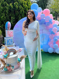 Momyknows White One-Shoulder Belly Friendly Ruched Cape Sleeve Elegant Babyshower Maternity Maxi Dress