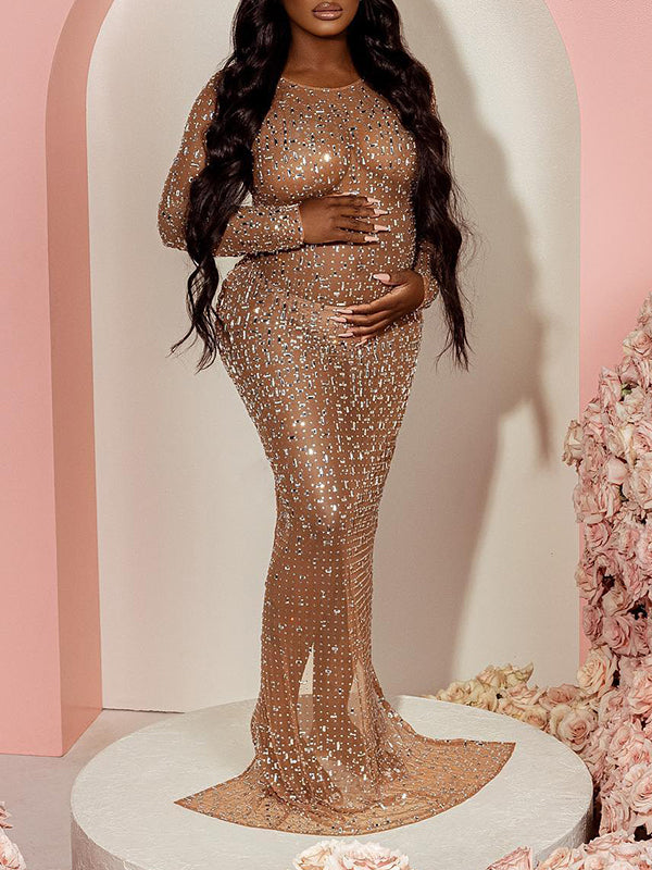 Momyknows Sparkly Diamond Rhinestone Mesh Slit Long Sleeve Mermaid Sheer Maternity Photoshoot Elegant Baby Shower Party Maxi Dress