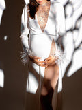 Momyknows White Sparkly Diamond Rhinestone Mesh Feather Side Slit Elegant Evening Gown Maternity Photoshoot Baby Shower Party Maxi Dress