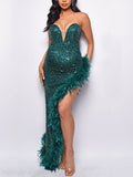 Momyknows Sequin Bandeau Feather Splicing Backless Tie Back Side Slit Plus Size Evening Gown Maternity Maxi Dress