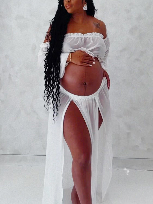 Momyknows Chic White Two Piece Falbala Slits On Both Sides Transparent Off Shoulder Flowy Beach Maternity Photoshoot Maxi Dress