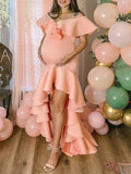 Momyknows Pink Off Shoulder Irregular Ruffle Photoshoot Gown Gender Reveal Baby Shower Maternity Maxi Dress