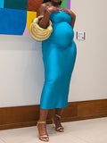 Momyknows Elegant Blue Satin Backless Bodycon Mermaid Tie Back Babyshower Maternity Evening Maxi Dress