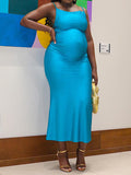 Momyknows Elegant Blue Satin Backless Bodycon Mermaid Tie Back Babyshower Maternity Evening Maxi Dress