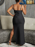Momyknows Elegant Black Grenadine Thigh High Side Slits Cutout Irregular Bodycon Babyshower Party Maternity Maxi Dress