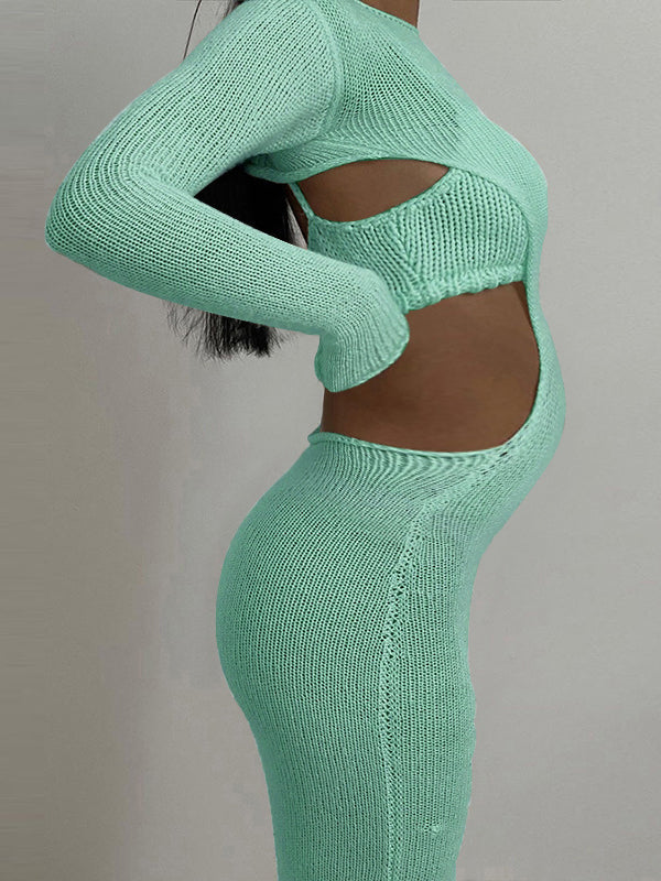 Momyknows Chic Crochet Knitwear Backless Bare Waist Two Piece Bodycon Babyshower Party Maternity Maxi Dress
